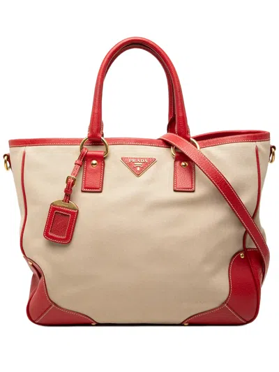 Pre-owned Prada 2021-2025 Large Saffiano Trimmed Canapa Convertible Tote Satchel In Red
