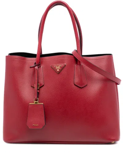 Pre-owned Prada 2021-2025 Medium Saffiano Cuir Double Satchel In Red