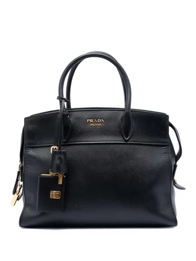 Pre-owned Prada 2021-2025 Saffiano And City Calf Esplanade Satchel In Black