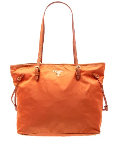 Pre-owned Prada 2021-2025 Saffiano Trimmed Tessuto Tote Bag In Orange