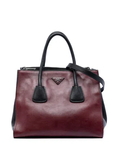 Pre-owned Prada 2021-2026 Bicolor Glace Calf Twin Pocket Double Handle Satchel In Red