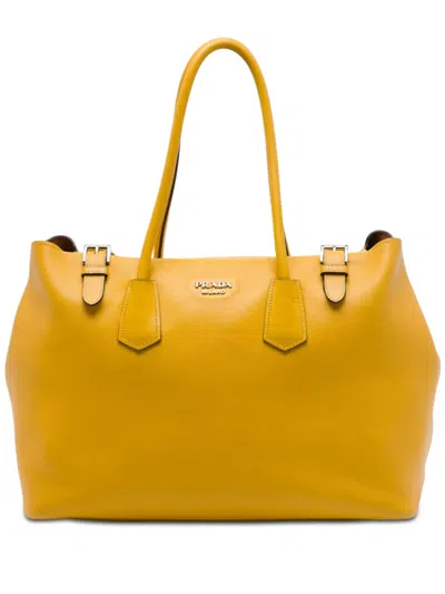 Pre-owned Prada 2021-2026 City Calf Leather Buckle Tote Bag In Yellow