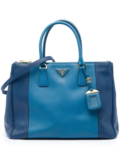 Pre-owned Prada 2021-2026 Large Bicolor Saffiano Lux Galleria Double Zip Satchel In Blue