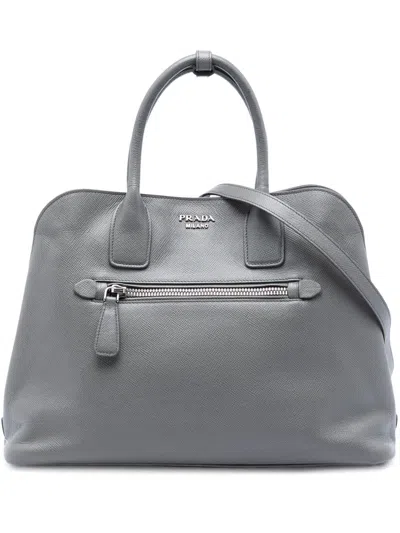 Pre-owned Prada 2021-2026 Large Saffiano Cuir Dome Bag Satchel In Gray