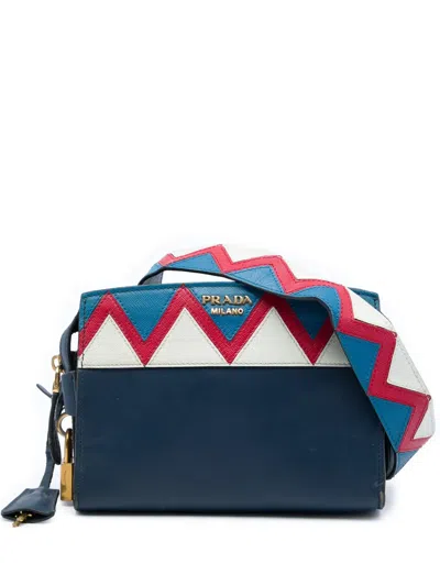 Pre-owned Prada 2021-2026 Medium Saffiano Trimmed City Calf Greca Esplanade Crossbody Satchel In Blue