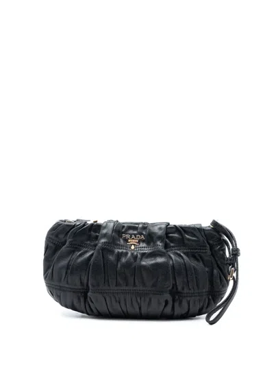 Pre-owned Prada 2021-2026 Nappa Gaufre Wristlet Clutch Bag In Black