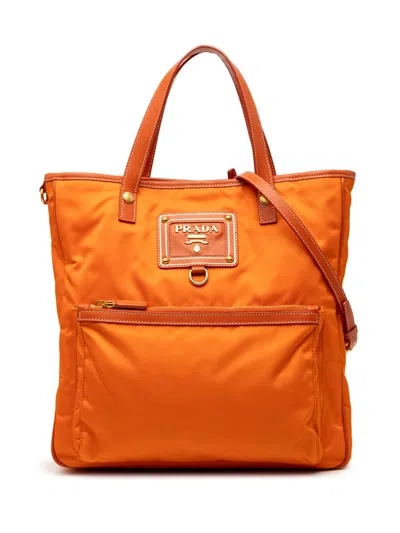 Pre-owned Prada 2021-2026 Saffiano Trimmed Tessuto Logo Oro Satchel In Orange