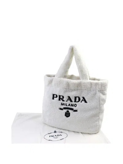 Pre-owned Prada 2021-2026 Spugna Terry Cloth Logo Tote Bag In White