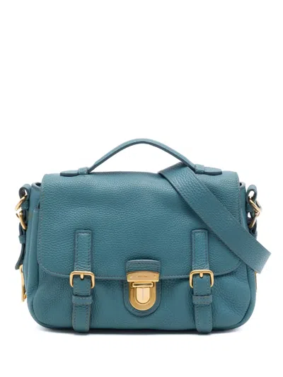 Pre-owned Prada 2021-2026 Vitello Daino Push Lock Double Buckle Messenger Bag Satchel In Blue