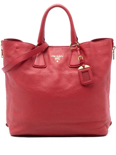 Pre-owned Prada 2021-2026 Vitello Daino Side Zip Shopper Tote Satchel In Red