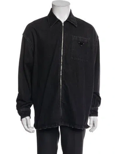 Pre-owned Prada 2022 Enameled Metal Triangle Denim Jacket In Black