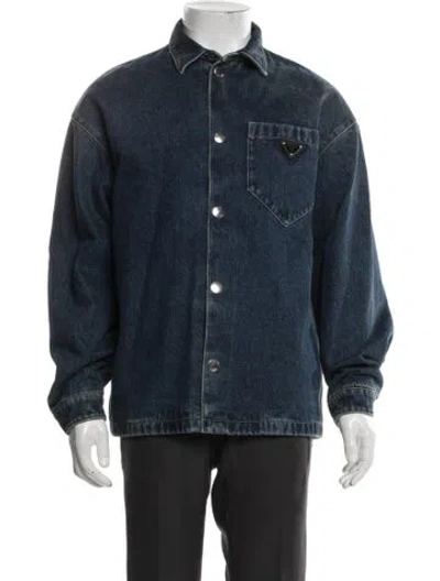 Pre-owned Prada 2022 Enameled Metal Triangle Denim Jacket In Blue