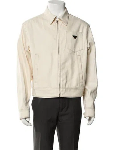 Pre-owned Prada 2022 Enameled Metal Triangle Denim Jacket In Neutral
