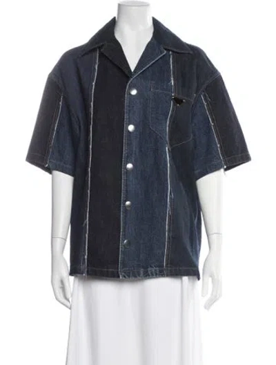 Pre-owned Prada 2022 Enameled Metal Triangle Denim Shirt In Blue