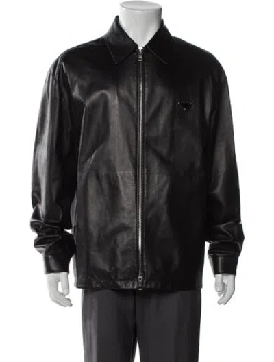 Pre-owned Prada 2022 Enameled Metal Triangle Moto Jacket In Black