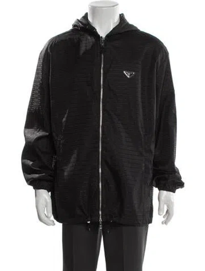 Pre-owned Prada 2022 Enameled Metal Triangle Parka In Black