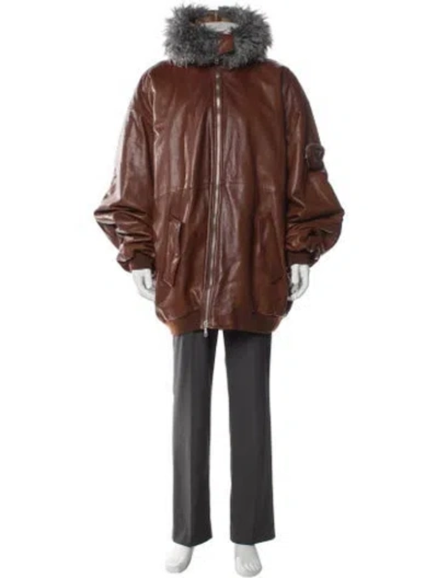 Pre-owned Prada 2022 Enameled Metal Triangle Parka In Brown
