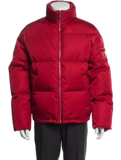 Pre-owned Prada 2022 Enameled Metal Triangle Puffer Coat In Red