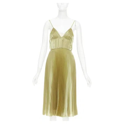 Pre-owned Prada 2022 Gold Technical Voile Bra-detailed Pleated Silk Midi Dress It38 Xs