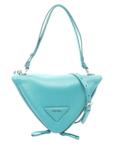 Pre-owned Prada 2022 Nappa Padded Signaux Triangle Satchel In Blue