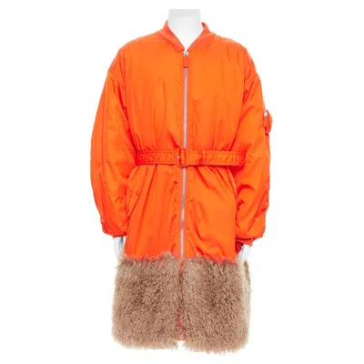 Pre-owned Prada 2022 Raf Simons Runway Orange Faux Fur Hem Belted Bomber Coat M
