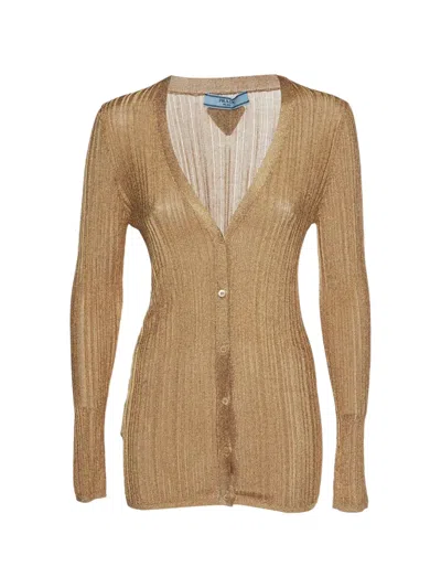 Pre-owned Prada 2022 Rib-knit Button-front Cardigan In Gold