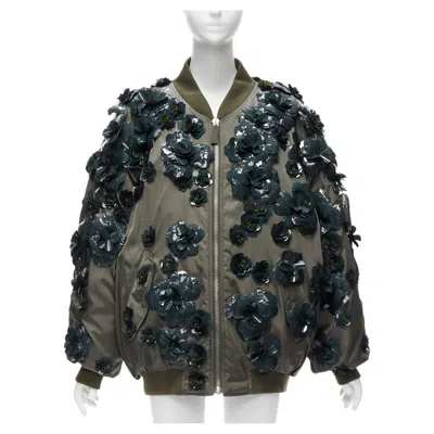 Pre-owned Prada 2022 Runway Re-nylon Green Flower Applique Green Oversized Bomber Xs