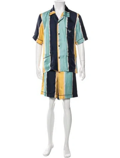 Pre-owned Prada 2022 Silk Pajama Bottoms In Blue/yellow