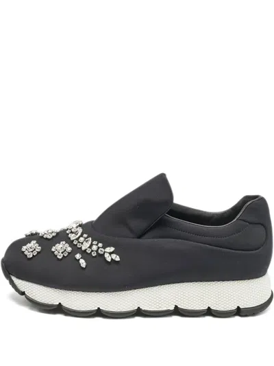 Pre-owned Prada 2023 Crystal-embellished Slip-on Sneakers In Black