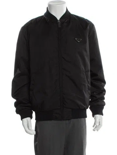 Pre-owned Prada 2023 Enameled Metal Triangle Bomber Jacket In Black
