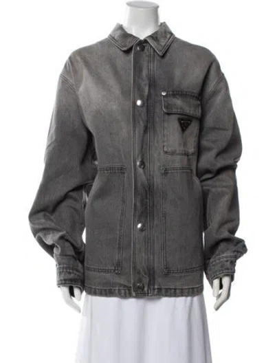 Pre-owned Prada 2023 Enameled Metal Triangle Denim Jacket In Grey