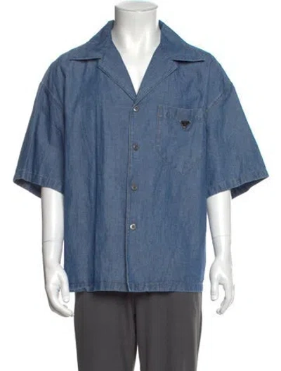 Pre-owned Prada 2023 Enameled Metal Triangle Denim Shirt In Blue