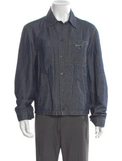 Pre-owned Prada 2023 Enameled Metal Triangle Denim Shirt In Blue