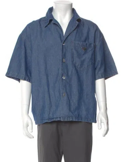 Pre-owned Prada 2023 Enameled Metal Triangle Denim Shirt In Blue