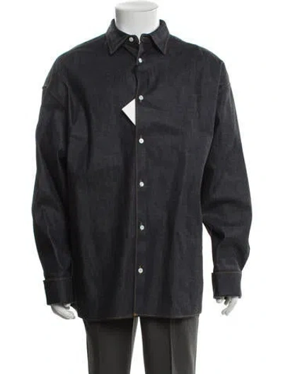 Pre-owned Prada 2023 Enameled Metal Triangle Denim Shirt W/ Tags In Black