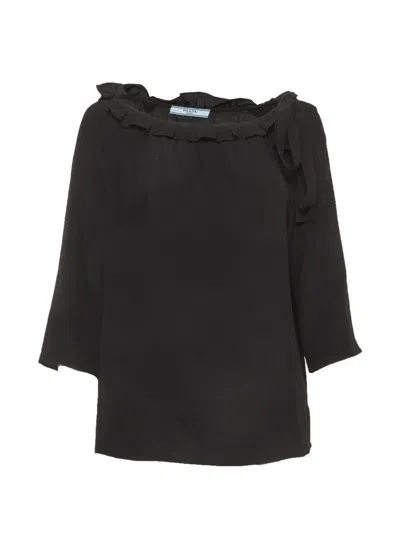 Pre-owned Prada 2023 Ruffle-trim Blouse In Black