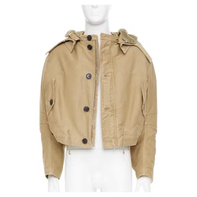 Pre-owned Prada 2023 Runway Shearling Trim Canvas Hooded Cropped Bomber Jacket It48 M In Beige