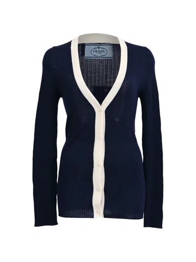 Pre-owned Prada 2023 V-neck Ribbed Cardigan In Blue