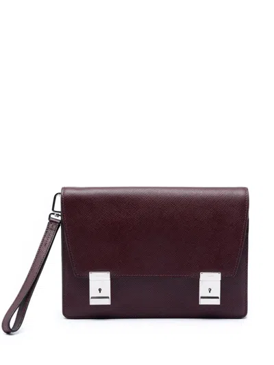 Pre-owned Prada 2023-2026 Saffiano Double Lock Convertible Clutch Bag In Red
