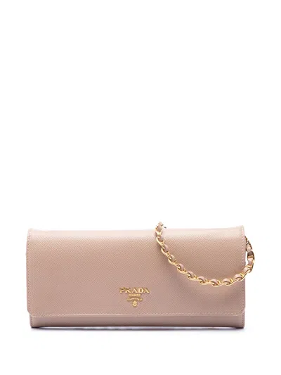 Pre-owned Prada 2024 Saffiano Lux Wallet On Chain Long Wallets In Brown