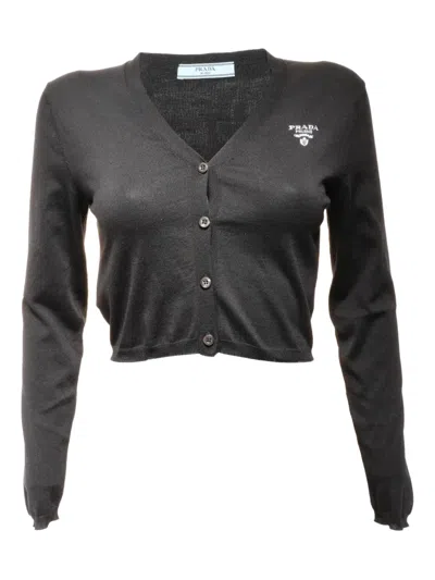 Pre-owned Prada 2024 Silk Logo Cardigan In Black