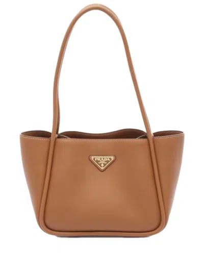 Pre-owned Prada 20s Soft Grain Triangle Logo Tote Bag In Brown