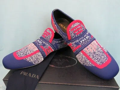 Pre-owned Prada 2dg098 Blue Red Knit Lettering Logo Moccasin Loafers 7.5 Us 8.5 Italy In Multicolor