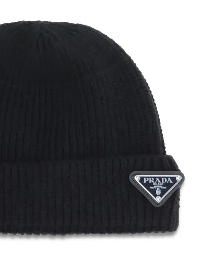 Prada 2hc4263im Ribbed Fleece Wool Beanie In Black