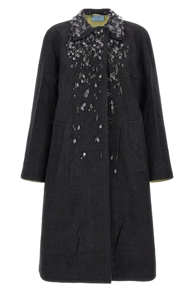 Prada 2-in-1 Prince Of Wales Mouliné Coat In Gray