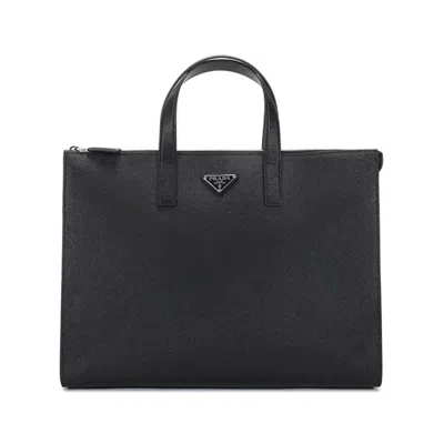 Prada Leather Logo-patch Tote Bag In Schwarz