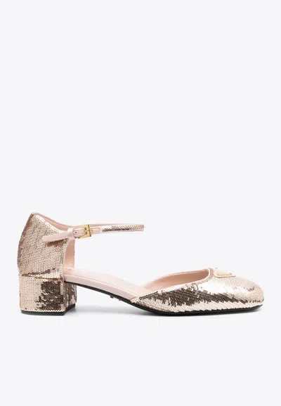 PRADA 35 LOGO SEQUINED PUMPS