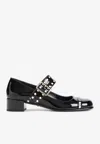 Prada Block Heel Round Toe Patent Finish Studded Detail In Black
