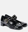 Prada Block Heel Round Toe Patent Finish Studded Detail In Black