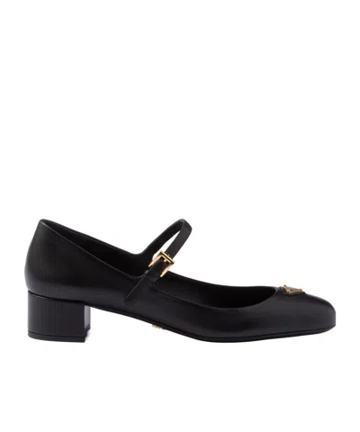 Prada Lamb Leather Block Heel Pumps In Black